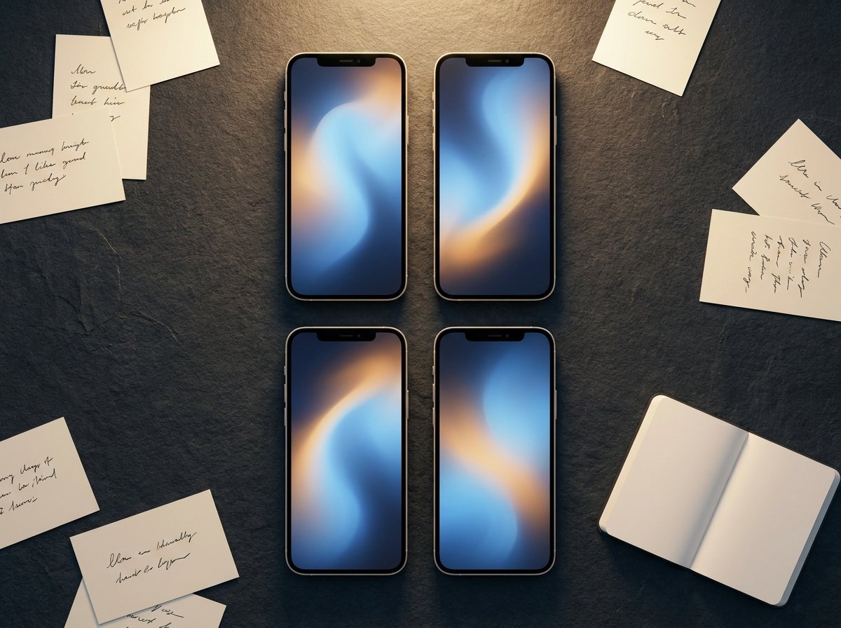 Four smartphones representing four AI tools being tested with buyer prompt research cards