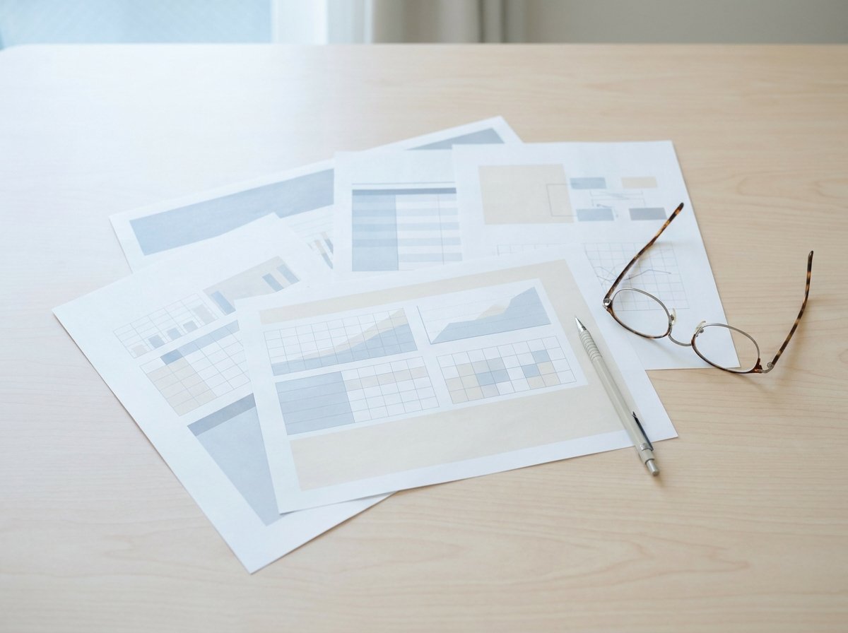 Overlapping research documents and analysis grids on a clean desk representing systematic buyer and market research
