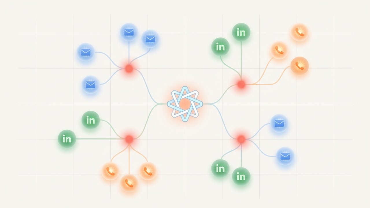 Network diagram representing outbound multi-channel outreach sequences across email LinkedIn and phone