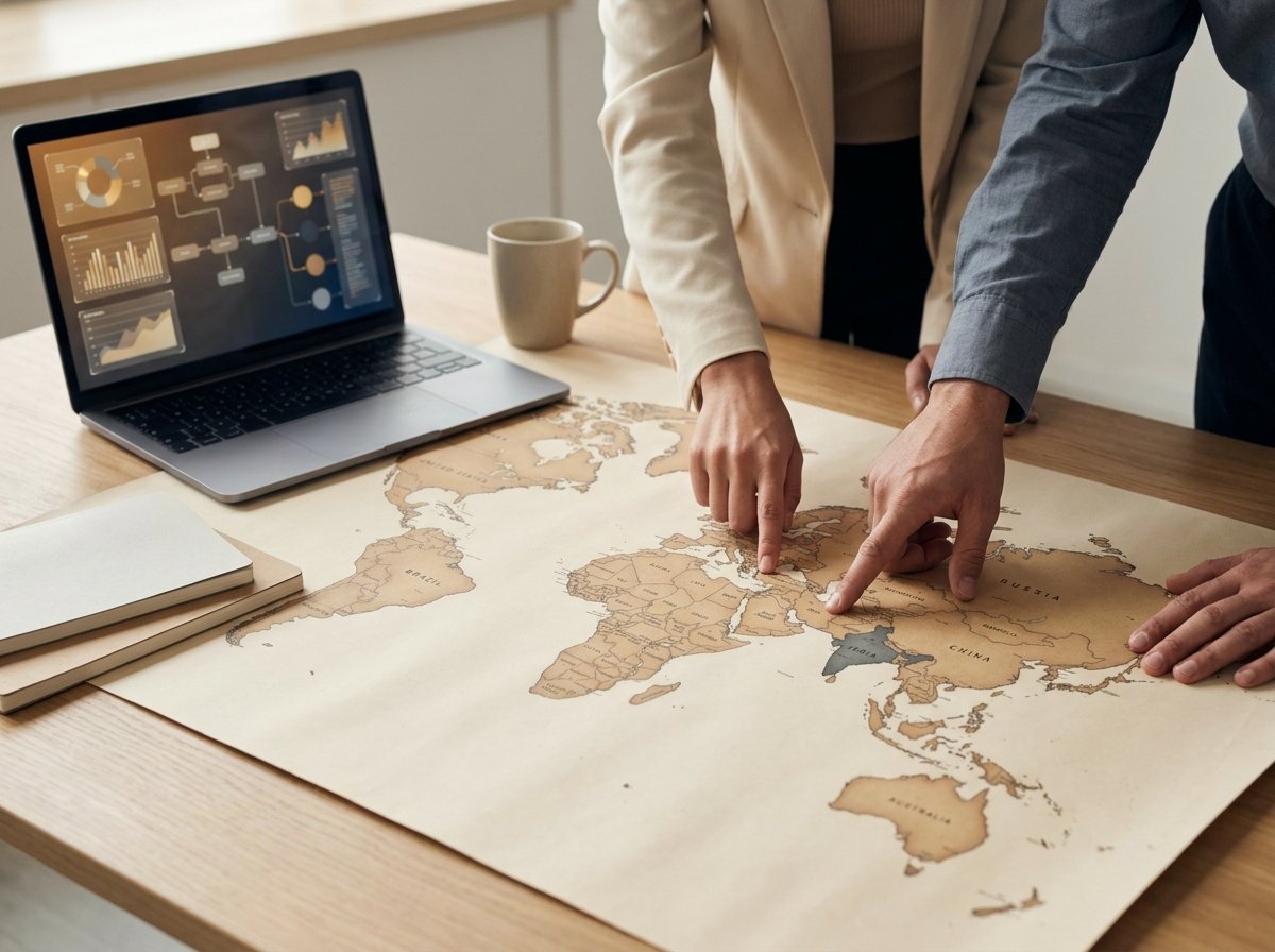 Two professionals reviewing international market coverage on a world map in a professional office setting